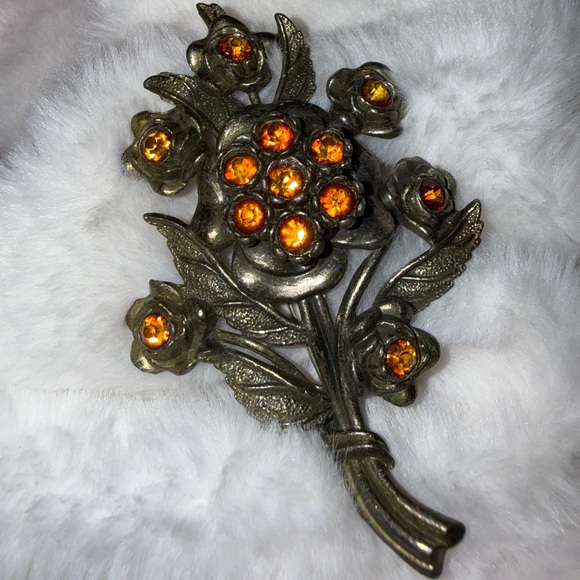 Little Nemo Flower Bunch Amber Rhinestone Bouquet LN/25 Vintage Silver Tone - Picture 2 of 12